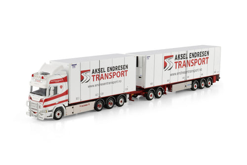 Aksel Endresen Transport AS; SCANIA R HIGHLINE CR20H RIGED BOX TRUCK 8X4 REEFER TRAILER - 3 AXLE DRAW BAR I DOLLY HIGH