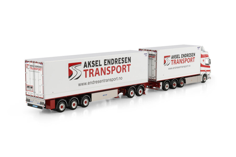 Aksel Endresen Transport AS; SCANIA R HIGHLINE CR20H RIGED BOX TRUCK 8X4 REEFER TRAILER - 3 AXLE DRAW BAR I DOLLY HIGH