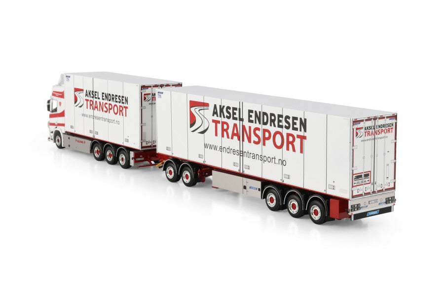Aksel Endresen Transport AS; SCANIA R HIGHLINE CR20H RIGED BOX TRUCK 8X4 REEFER TRAILER - 3 AXLE DRAW BAR I DOLLY HIGH