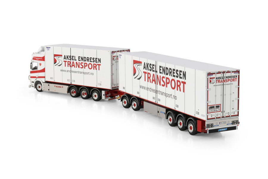 Aksel Endresen Transport AS; SCANIA R HIGHLINE CR20H RIGED BOX TRUCK 8X4 REEFER TRAILER - 3 AXLE DRAW BAR I DOLLY HIGH