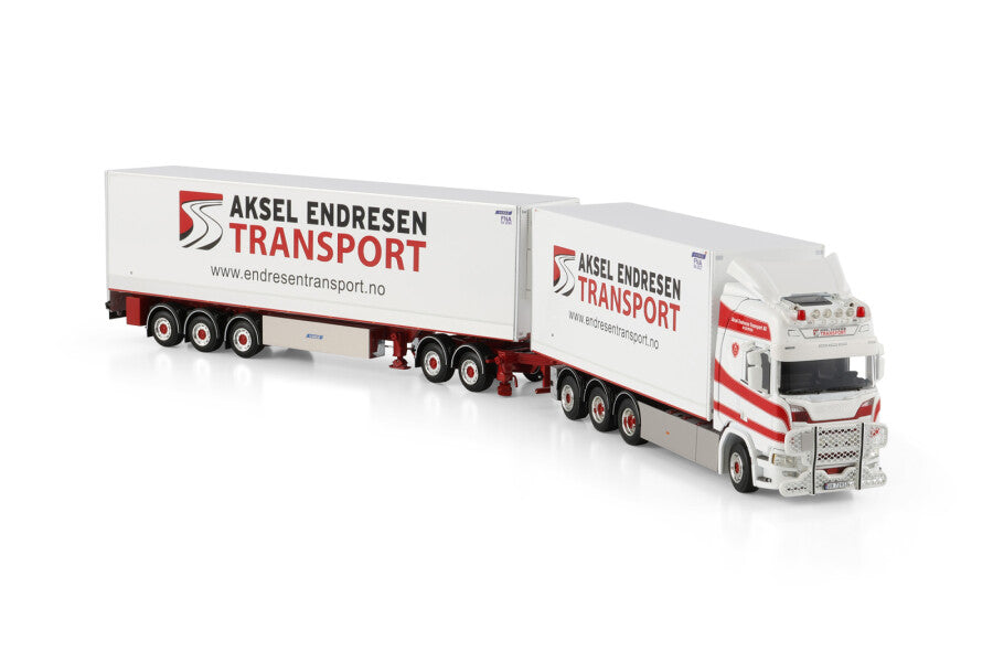 Aksel Endresen Transport AS; SCANIA R HIGHLINE CR20H RIGED BOX TRUCK 8X4 REEFER TRAILER - 3 AXLE DRAW BAR I DOLLY HIGH
