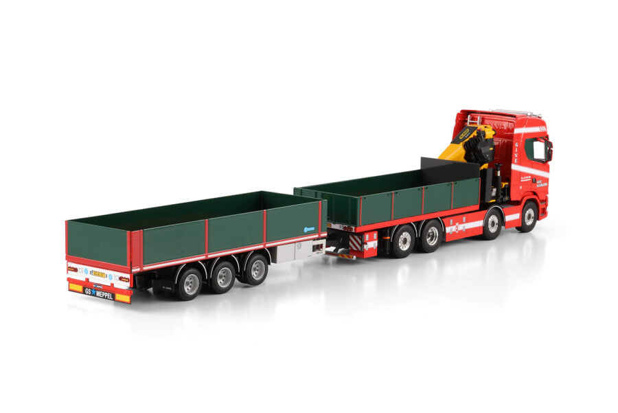 SCANIA S HIGHLINE CS20H RIGED FLATBED TRUCK 8X2 TAG AXLE FLATBED DRAWBAR TRAILER - 3 AXLE WITH PALFINGER PK 480 TEC