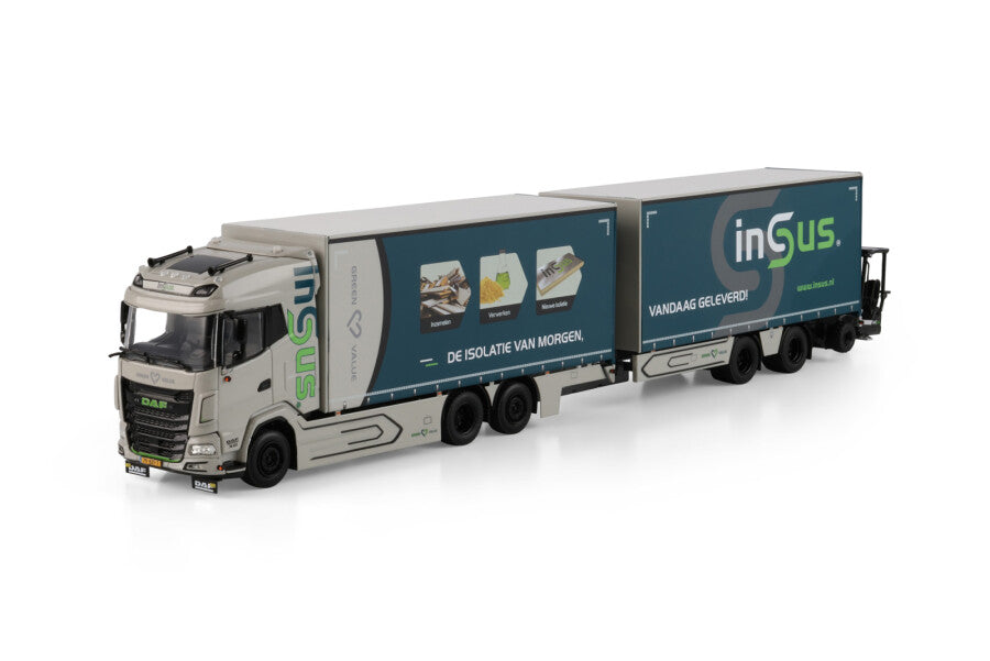 Insus B.V.; DAF XG RIGED CURTAINSIDE TRUCK 6X2 TAG AXLE RIGED CURTAINSIDE DRAWBAR CENTRE-AXLED TRAILER - 2 AXLE TRUCK MOUNTED FORKLIFT