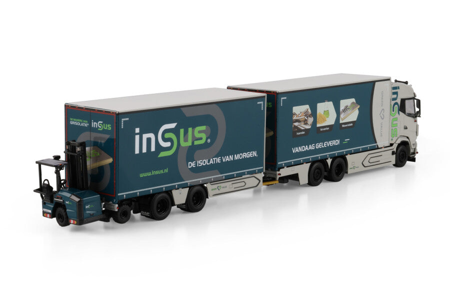 Insus B.V.; DAF XG RIGED CURTAINSIDE TRUCK 6X2 TAG AXLE RIGED CURTAINSIDE DRAWBAR CENTRE-AXLED TRAILER - 2 AXLE TRUCK MOUNTED FORKLIFT