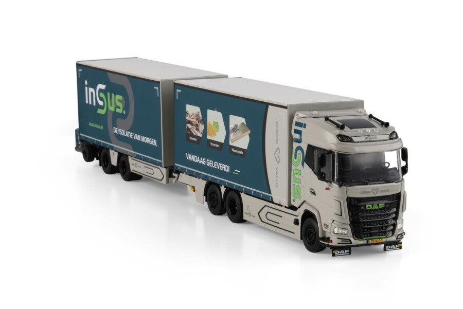 Insus B.V.; DAF XG RIGED CURTAINSIDE TRUCK 6X2 TAG AXLE RIGED CURTAINSIDE DRAWBAR CENTRE-AXLED TRAILER - 2 AXLE TRUCK MOUNTED FORKLIFT