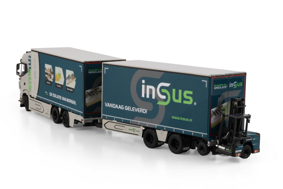 Insus B.V.; DAF XG RIGED CURTAINSIDE TRUCK 6X2 TAG AXLE RIGED CURTAINSIDE DRAWBAR CENTRE-AXLED TRAILER - 2 AXLE TRUCK MOUNTED FORKLIFT